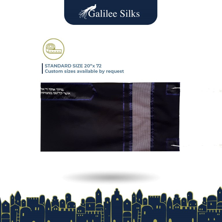 Black Tallit Prayer Shawl with Gray and Blue Stripes, Bar Mitzvah