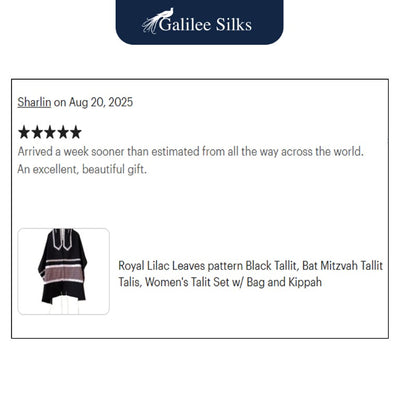 Royal Lilac Leaves pattern Black Tallit for Women, Bat Mitzvah Tallit