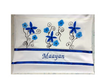 Load image into Gallery viewer, blue flowers bat mitzvah tallit bag with name, girl tallit bag