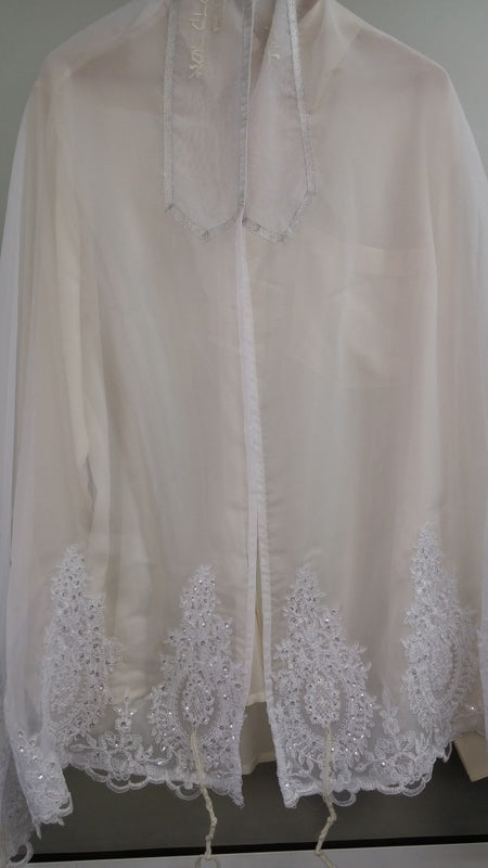 White Tallit with White Lace Decoration Women's Tallit, Feminine Tallit, woman wedding tallit