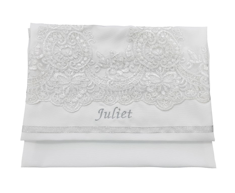 White Tallit with White Lace Decoration on Silk Tallit for Women, Feminine Tallit bag