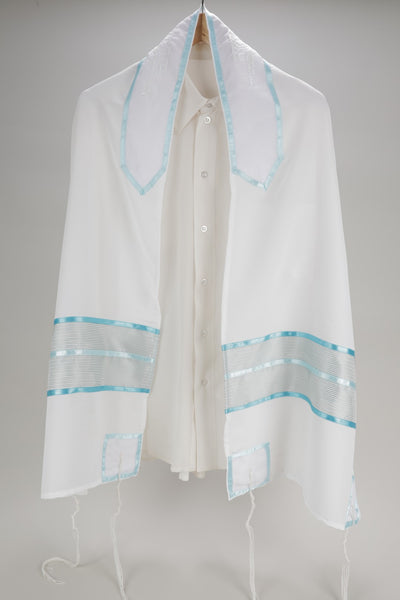 Sheer Fabric Tallit for Women with Teal Colored Elements, Bat Mitzvah Tallit, Girl Tallit