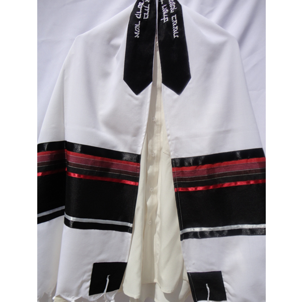 modern white black and red bar mitzvah tallit, wool tallit by galilee silks