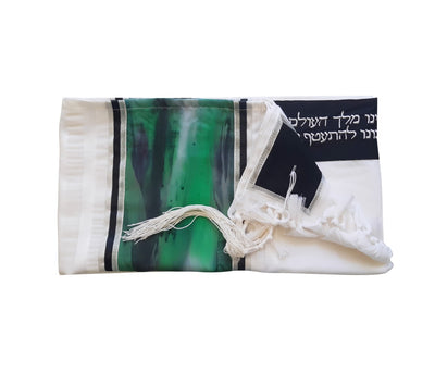 The Green Marble Hand Painted Silk on Wool Tallit, Bar Mitzva Tallit, Tzitzit, Jewish Prayer Shawl flat 2