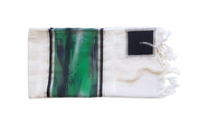 Load image into Gallery viewer, The Green Marble Hand Painted Silk on Wool Tallit, Bar Mitzva Tallit, Tzitzit, Jewish Prayer Shawl flat
