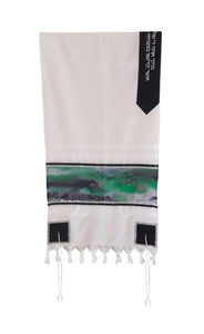 The Green Marble Hand Painted Silk on Wool Tallit, Bar Mitzva Tallit, Tzitzit, Jewish Prayer Shawl hung