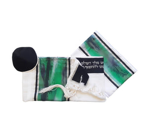 The Green Marble Hand Painted Silk on Wool Tallit, Bar Mitzva Tallit set, Tzitzit, Jewish Prayer Shawl