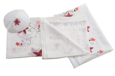 Red flowers silk tallit set, bat mitzvah tallit, girls tallit, womens tallit,tallit for women, tallit for girl, feminine tallit