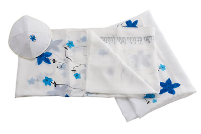 Blue flowers silk tallit set, bat mitzvah tallit, tallit for women, tallit for girl, feminine tallit