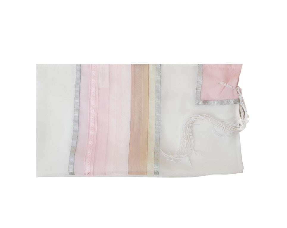 Pink Organza Stripes Silk Tallit for Women, Bat Mitzvah Tallit, Girls Tallit flat