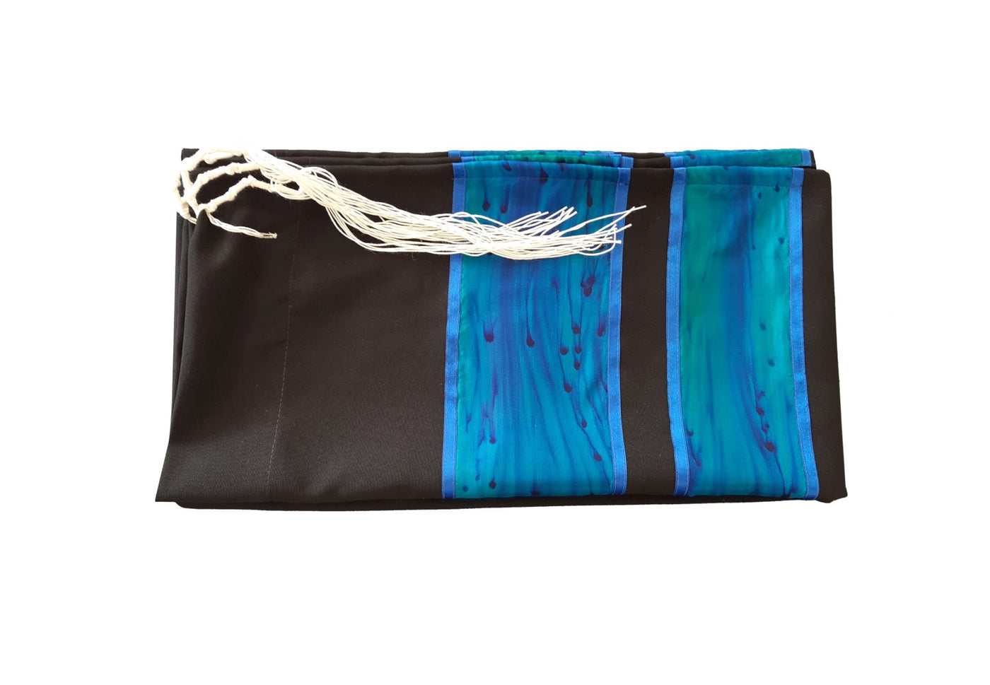 Turquoise and Blue Hand Painted Silk Stripes Black Tallit for Women, Bat Mitzvah Tallit, Girls Tallit flat, Tzitzit