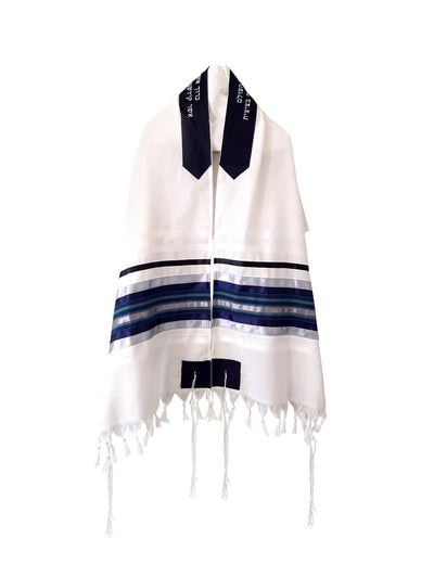 Blue, Gray and Silver shades stripes Wool Tallit, Bar Mitzvah Tallit Set Tzitzit from Israel