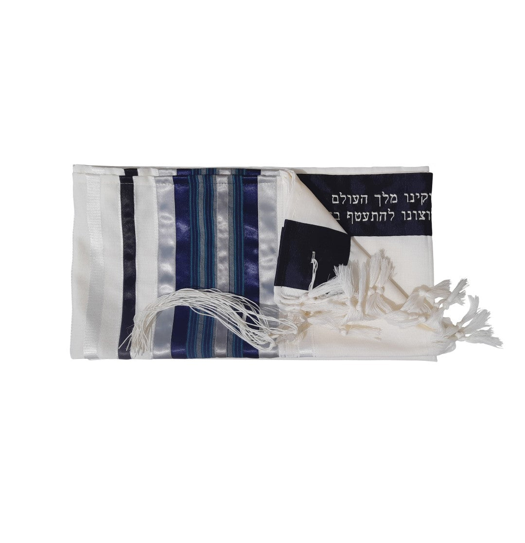 Exclusive Tallit with Blue, Gray and Silver shades stripes Wool Tallit, Tzitzit Bar Mitzvah Tallit flat 1