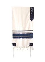 Load image into Gallery viewer, Exclusive Tallit with Blue, Gray and Silver shades stripes Wool Tallit, Tzitzit Bar Mitzvah Tallit hung