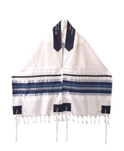 Load image into Gallery viewer, Exclusive Tallit with Blue, Gray and Silver shades stripes Wool Tallit, Tzitzit Bar Mitzvah Tallit Set from Israel