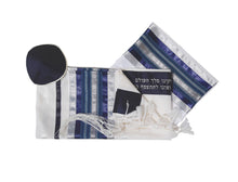 Load image into Gallery viewer, Exclusive Tallit with Blue, Gray and Silver shades stripes Wool Tallit, Tzitzit Bar Mitzvah Tallit  Set
