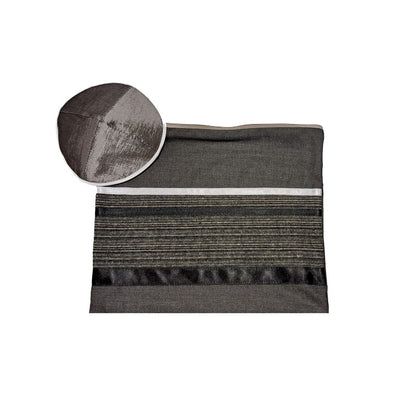 Prestigious Gray Tallit with Stripes Design in Gray, Black & White bag and kippah