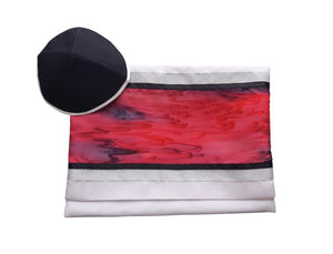 Red and Black Marble Hand Painted Silk on Wool Tallit, Bar Mitzva Tallit, Tzitzit, Jewish Prayer Shawl kippah