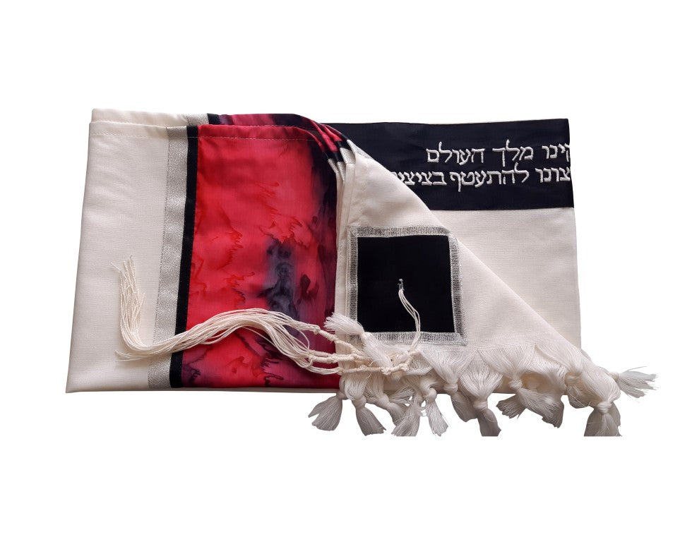 Red and Black Marble Hand Painted Silk on Wool Tallit, Bar Mitzva Tallit, Tzitzit, Jewish Prayer Shawl flat 2