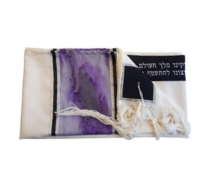 Purple Marble Hand Painted Silk on Wool Tallit, Bar Mitzva Tallit, Tzitzit, Jewish Prayer Shawl flat 2