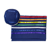 Load image into Gallery viewer, Handmade Rainbow Tallit, Joseph&#39;s Coat of Many Colors Tallis, Bar Mitzvah Tallit bag and kippah, Talit for Man, Blue Base Ttzitzit