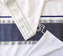 Load image into Gallery viewer, Navy Blue with Gold Stripes and Silver Decorations Tallit for Sale, Bar Mitzvah Talllit, Hebrew Prayer Shawl from Israel, Tallit Prayer Shawl CU