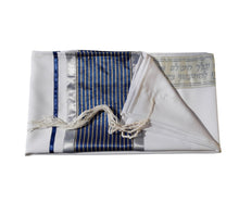 Load image into Gallery viewer, Navy Blue with Gold Stripes and Silver Decorations Tallit for Sale, Bar Mitzvah Talllit, Hebrew Prayer Shawl from Israel, Tallit Prayer Shawl flat 2