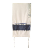 Load image into Gallery viewer, Navy Blue with Gold Stripes and Silver Decorations Tallit for Sale, Bar Mitzvah Talllit, Hebrew Prayer Shawl from Israel, Tallit Prayer Shawl hung main