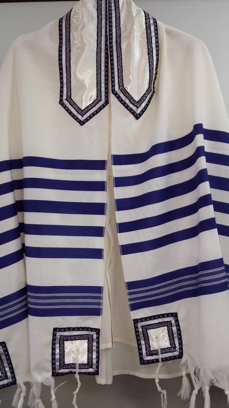 Classic blue and white wool Tallit for men by Galilee Silks