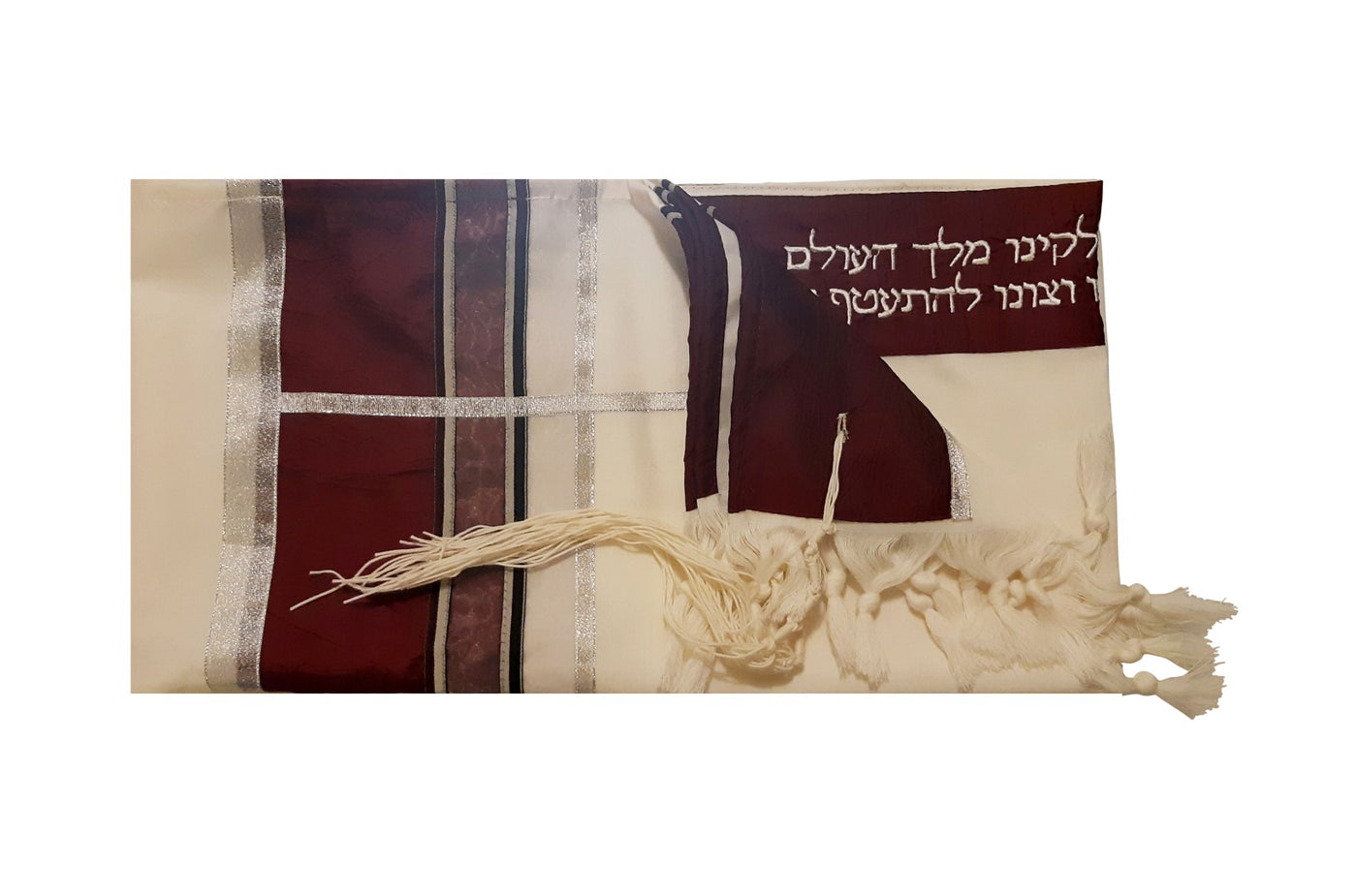 Bordeaux, Silver and Gray Decorations, Hand Made Bar Mitzvah Tallit, Man Tallit flat 2