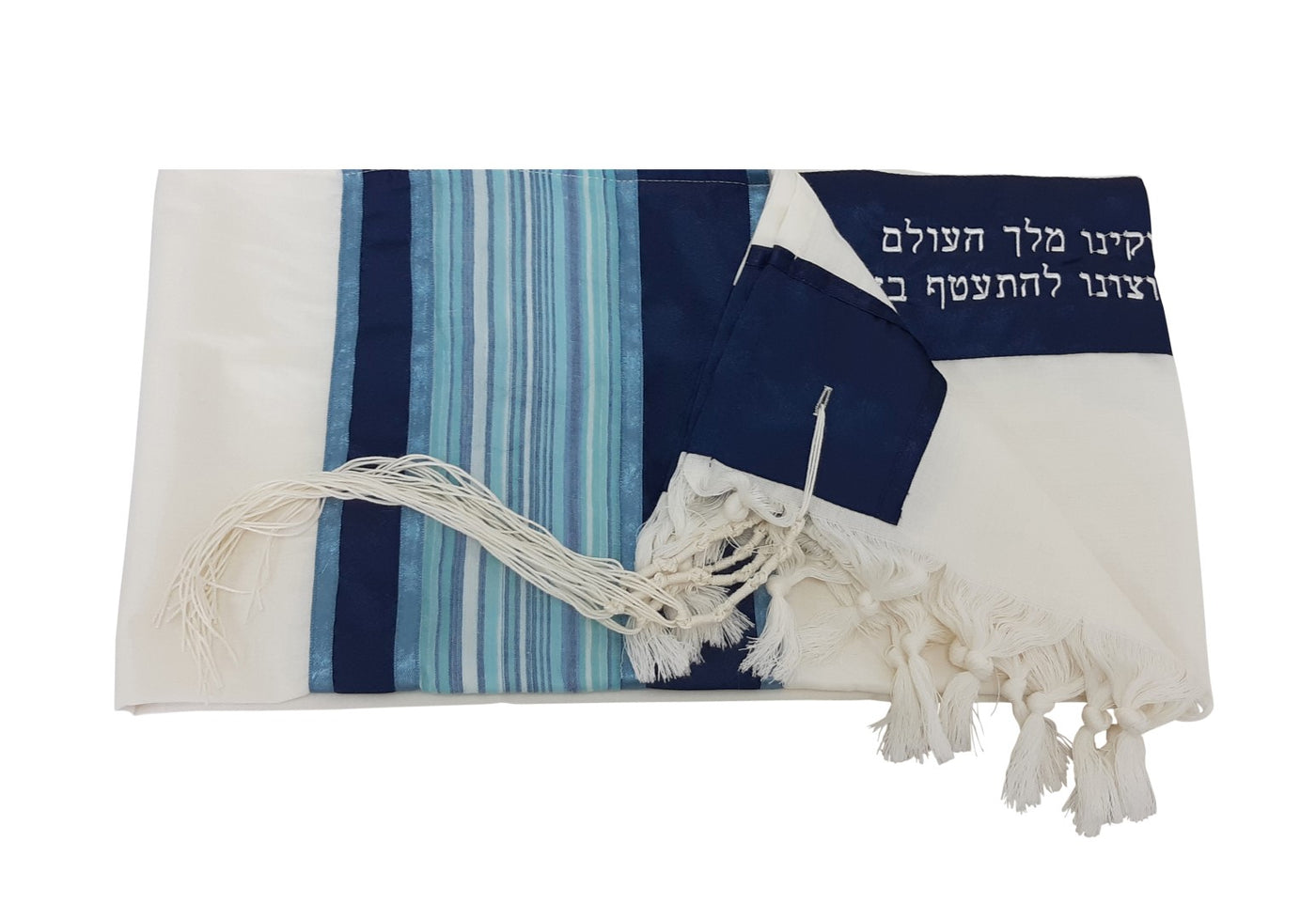 Light Blue and Silver Stripes on Wool Tallit, Bar Mitzvah Tallit flat 2, Tzitzit Custom Tallit from Israel