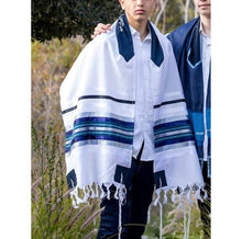 Load image into Gallery viewer, Exclusive Wedding Tallit with Blue, Gray and Silver shades stripes, Chuppah Tallit