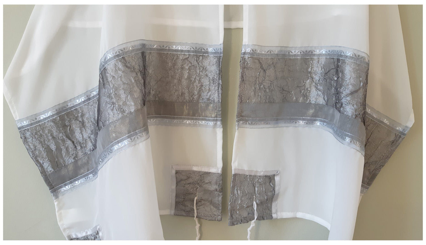 Gray Organza Panel decorated Silk Tallit For Woman, Girl's Tallit CU2, Women's Tallit from Israel