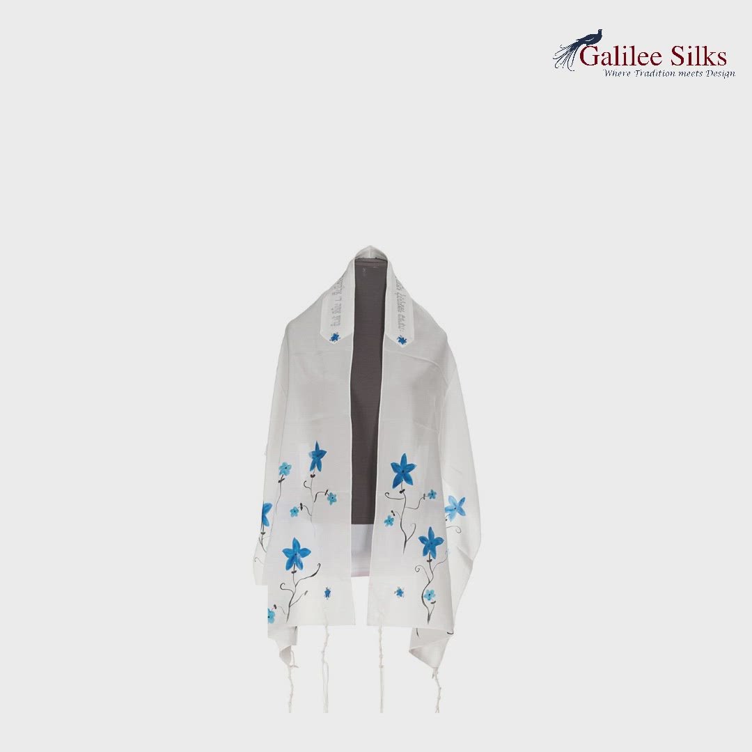 White with Blue flowers Silk Tallit for Women - Galilee Silks