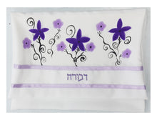 Load image into Gallery viewer, purple flowers silk tallit with name, personalized tallit set